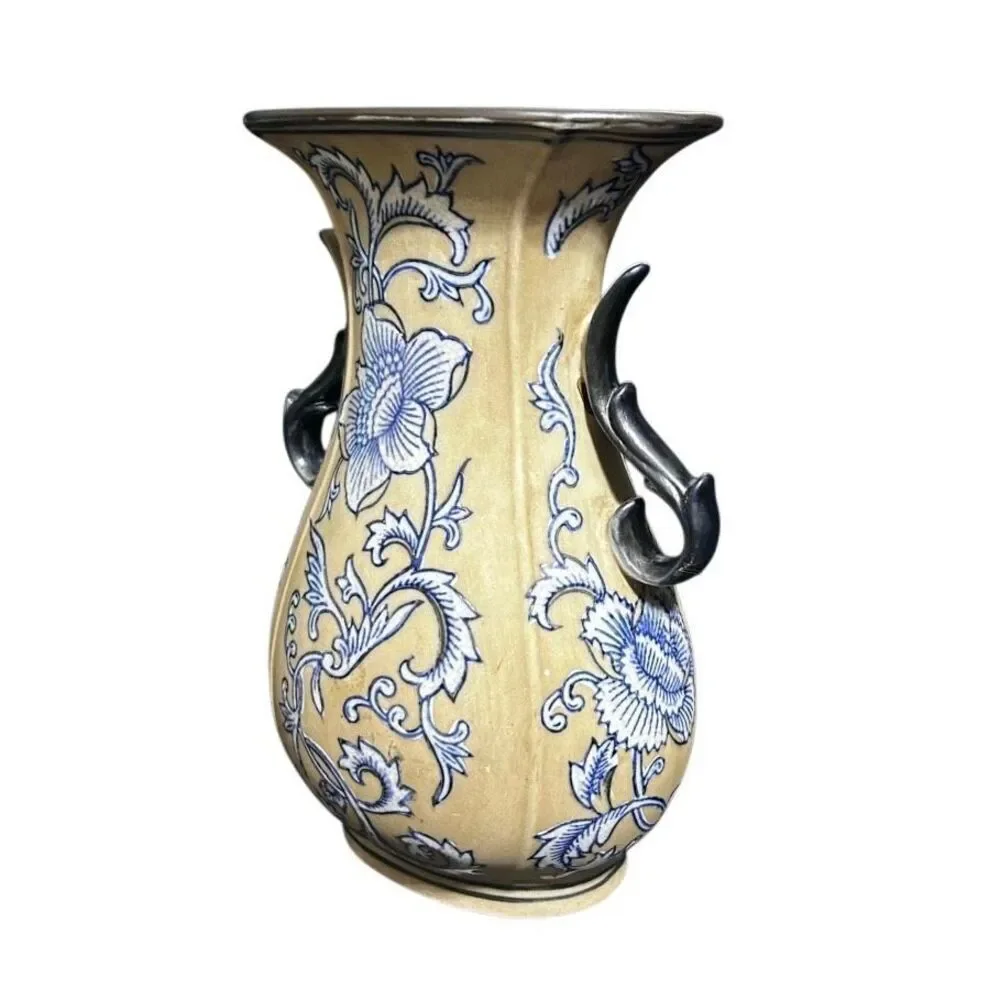 Vintage Formalities By Bauym Bros. Stoneware Vase Medium Blue Tan Floral Ceramic
